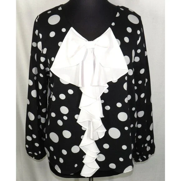 Women's Black And White Polka Dot Ruffled Bow Blouse Size XL - Picture 6 of 7